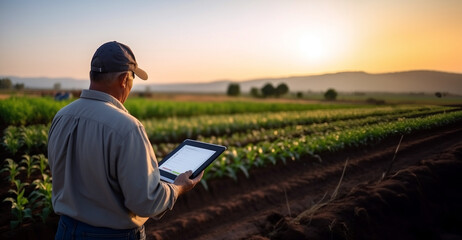 A senior farmer with a cap reviewing agricultural data on a tablet at sunset in the field.