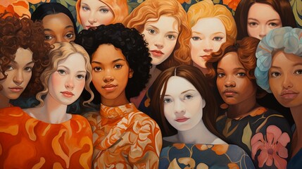 Group of women of different nationalities and cultures, skin colors and hairstyles. Society or population, social diversity. Woman power group portraits. - obrazy, fototapety, plakaty