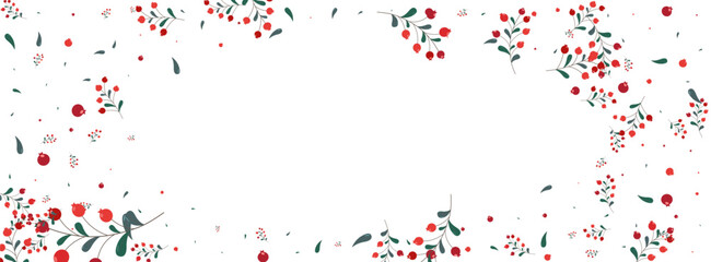 Green Rowan Background White Vector. Leaves Modern Design. Burgundy Herb Decoration. Plant Template. Berries Floral.