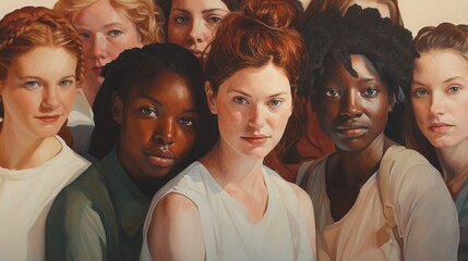 Group of women of different nationalities and cultures, skin colors and hairstyles. Society or population, social diversity. Woman power group portraits.