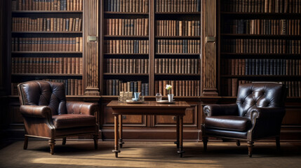 a classic study with a wooden desk and two armchairs and a bookshelf filled with books - obrazy, fototapety, plakaty