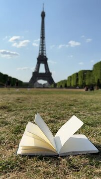 Wind Flipping Notebook Pages on grass field in France, Eiffel tower on background
