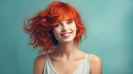 Naklejka premium Red hair happy young girl with bangs standing in front of a pastel blue wall smiling and enjoying the moment, with copy space.