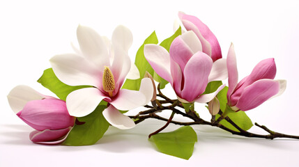 A gorgeous magnolia-filled arrangement on a pristine white surface.