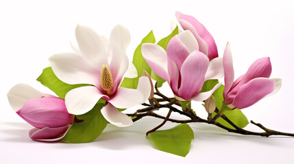 Obraz premium A gorgeous magnolia-filled arrangement on a pristine white surface.
