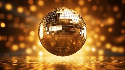 Golden Shiny disco ball with lights on shiny glowing abstract background, with copy space.