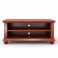 A brown, timber TV stand solitarily placed against a white background, captured in frontal view.