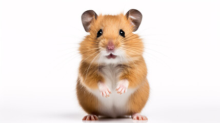 Adorable Roborovski hamster posed sideways against a plain white backdrop.