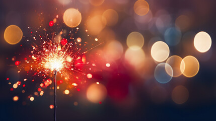 red christmas and new year`s eve bokeh background with sparkler lights - obrazy, fototapety, plakaty