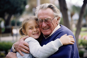 A Heartwarming Moment: An Older Man Hugging a Young Girl in a Park