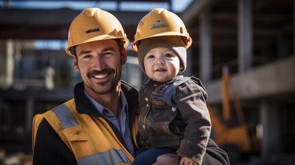 Fototapeta premium Father in a reflective vest and hardhat is smiling and looking at his child who is also wearing a mini hardhat, sharing a joyful moment together at a construction site.