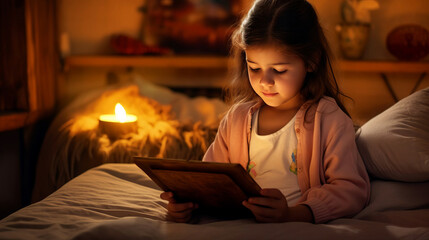 A little girl reads on a tablet in a bright room.