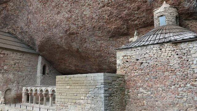 Old monastery of San Juan de la Pena - built right into the rock. Huesca province, Aragon, Spain. High quality 4k footage