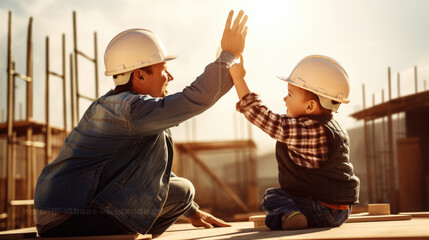 Smiling child in a hard hat is giving a high-five to his father in construction gear, symbolizing a...