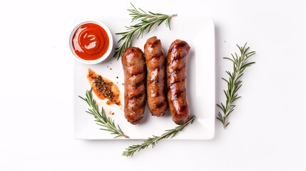 Grilled links on a milky backdrop with rosemary and condiments, overhead shot, blank space.