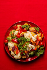 Warm salad of cooked vegetables on a red plate