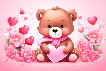 Happy valentine's greeting card, concept of love confession. Very cute bear, cartoon character.