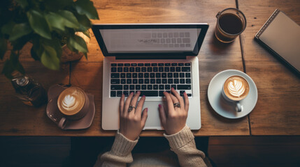 Person's hands typing on a laptop placed on a wooden desk. Top view.