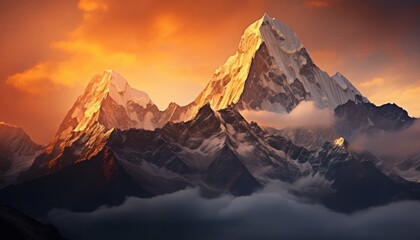 A Majestic Mountain Peak Embracing the Mystical Clouds Above