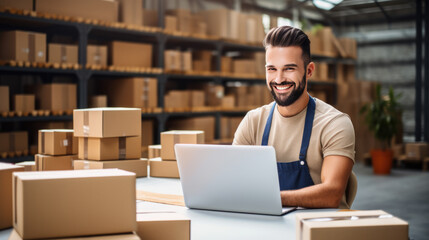 Man working on a laptop in a warehouse environment, with shelves stocked with boxes in the background - obrazy, fototapety, plakaty