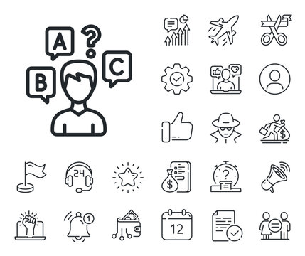 Select answer sign. Salaryman, gender equality and alert bell outline icons. Quiz test line icon. Business interview symbol. Quiz test line sign. Spy or profile placeholder icon. Vector