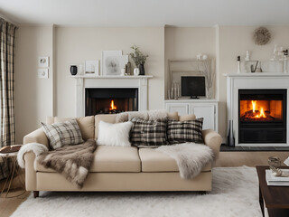 Fototapeta premium Fireplace against white sofa and rustic wooden coffee table. Scandinavian style home interior design of modern living room