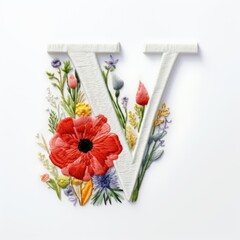 The letter v is decorated with flowers and leaves. Embroidery effect, floral design.