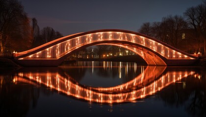 Obraz premium A Radiant Path: Illuminated Bridge Over Tranquil Waters
