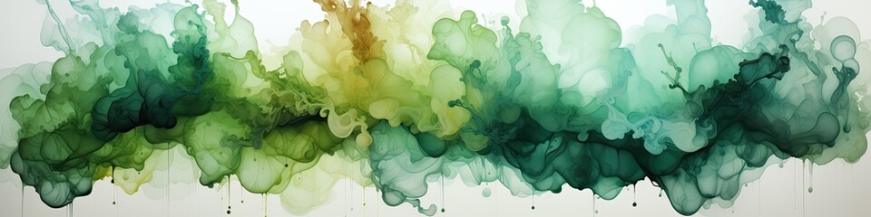 A painting of green and yellow paint on a white wall. Abstract panoramic color banner.