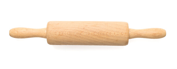 Wooden rolling pin isolated on white background, top view
