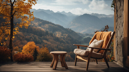 Empty chair in a stone and wooden terrace of a cottage in mountain village, face to beautiful mountain landscape view. Poster, Banner. Vacation and tourism concept. Caucasian mountains - obrazy, fototapety, plakaty