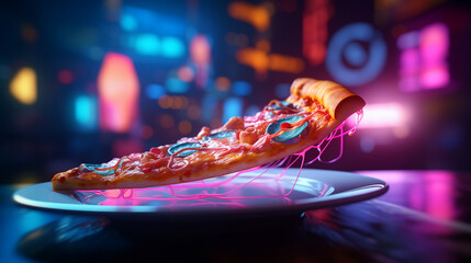 Pizza slice on a plate with colorful lights in the background.
