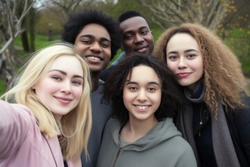 Obraz premium A joyous and diverse group of friends gathers outdoors, capturing vibrant moments through a selfie, epitomizing the essence of unity, happiness, and shared memories