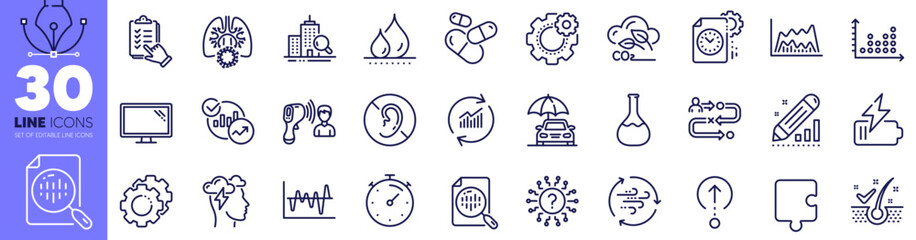 Swipe up, Update data and Electronic thermometer line icons pack. Trade chart, Puzzle, Journey path web icon. Mindfulness stress, Inspect, Chemistry lab pictogram. Edit statistics. Vector