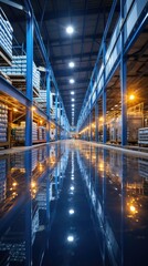 A warehouse filled with lots of shelves and lots of lights. - obrazy, fototapety, plakaty