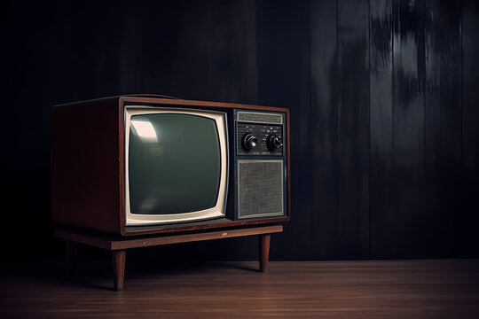 Retro tv set with empty screen on wooden nightstand in room with ordinary old fashioned interior