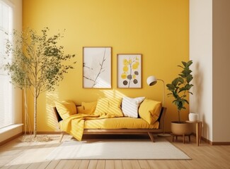 Living room with plants. Yellow interior in vintage style
