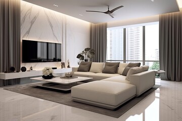 Modern living room flat home interior. Generative AI - obrazy, fototapety, plakaty