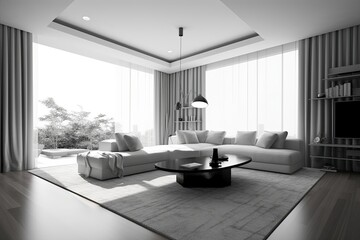 Modern living room flat home interior. Generative AI - obrazy, fototapety, plakaty
