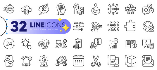 Outline set of Copyright chat, Ranking star and Survey progress line icons for web with Interview, Inspect, Target thin icon. Package size, Video conference, Work home pictogram icon. Vector