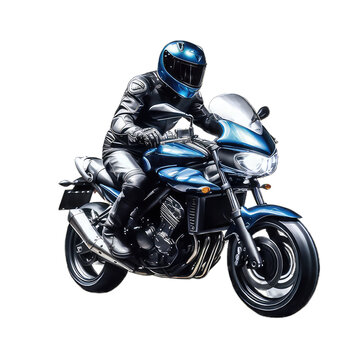A man rides a sports motorcycle on transparent background