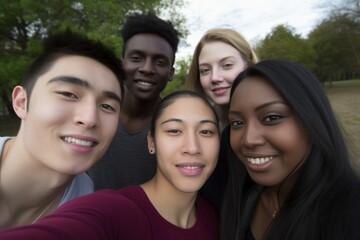 Fototapeta premium Celebrating diversity and friendship, a group of multiracial friends captures cheerful moments outdoors, embracing the joy of togetherness and self-expression with a shared selfie adventure