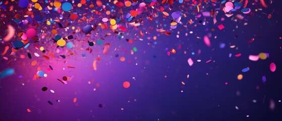 a festive and colorful party with flying neon confetti on a purple background - obrazy, fototapety, plakaty