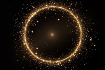 gold circle frame firework confetti of light golden spark particles on black background