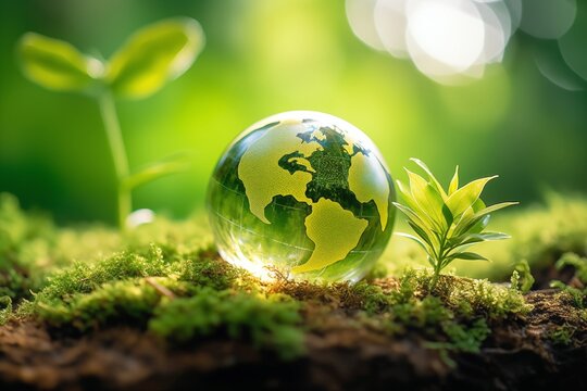 earth globe in a mossy ground with a green leaf, renewable energy, Earth Day, environment protection, save the world, eco green concept