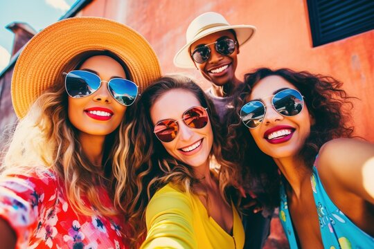 Celebrating diversity and friendship, a group of multiracial friends captures cheerful moments outdoors, embracing the joy of togetherness and self-expression with a shared selfie adventure