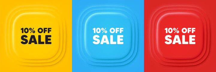 Sale 10 percent off discount. Neumorphic offer banners. Promotion price offer sign. Retail badge symbol. Sale podium background. Product infographics. Vector