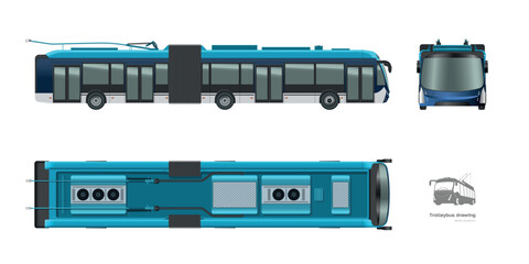 Isolated trolleybus drawing. 3d urban transport blueprint. Top, side, front view of electricity vehicle. Trolley bus mockup