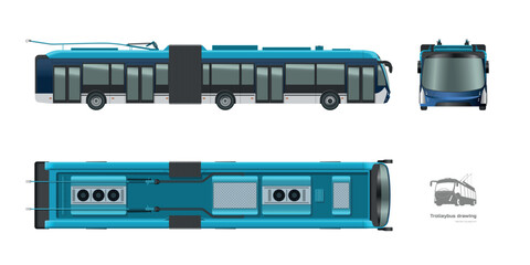 Fototapeta premium Isolated trolleybus drawing. 3d urban transport blueprint. Top, side, front view of electricity vehicle. Trolley bus mockup