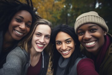 Fototapeta premium Embracing the spirit of togetherness, a diverse group of friends finds joy outdoors, utilizing a mobile camera to capture candid moments and celebrate the essence of unity and cultural harmony
